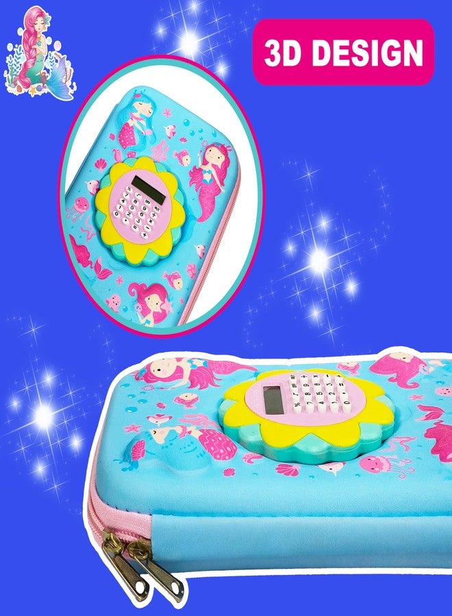 في جراسب مقلمة أدوات مكتبية للأطفال بتصميم حورية البحر من VGRASSP مع آلة حاسبة صغيرة - حقيبة ثلاثية الأبعاد بسحاب من مادة EVA مع جيوب تخزين متعددة - منظم أدوات مكتبية مدرسية ممتع - متعدد الألوان - Image 4